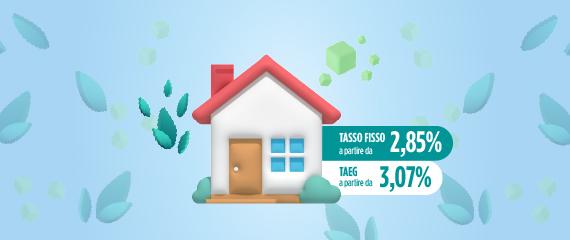 sfondo azzurro con elementi grafici foglie case e cubi: tasso fisso mutuo 2,85% e taeg 3,07% | Crédit Agricole sfondo azzurro con elementi grafici foglie case e cubi: tasso fisso mutuo 2,85% e taeg 3,07% | Crédit Agricole