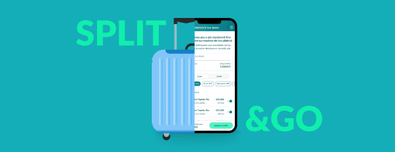 sfondo ottanio con immagine di valigia tagliata a metà con schermata cellulare app credit agricole per attivare servizio split&go | Crédit Agricole sfondo ottanio con immagine di valigia tagliata a metà con schermata cellulare app credit agricole per attivare servizio split&go | Crédit Agricole