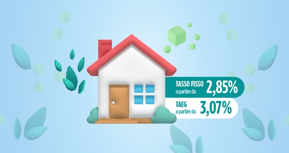 sfondo azzurro con elementi grafici foglie case e cubi: tasso fisso mutuo 2,85% e taeg 3,07% | Crédit Agricole sfondo azzurro con elementi grafici foglie case e cubi: tasso fisso mutuo 2,85% e taeg 3,07% | Crédit Agricole