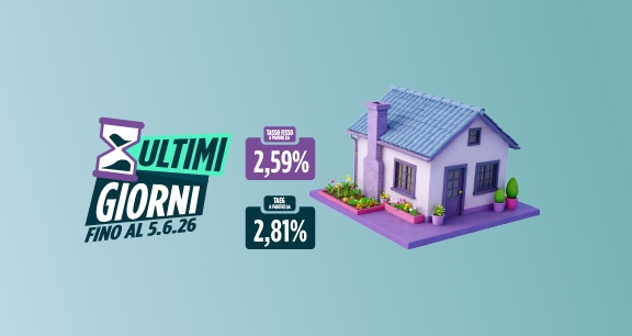 sfondo azzurro con elementi grafici foglie case e cubi: tasso fisso mutuo 2,59% e TAEG 2,81% | Crédit Agricole sfondo azzurro con elementi grafici foglie case e cubi: tasso fisso mutuo 2,59% e TAEG 2,81% | Crédit Agricole