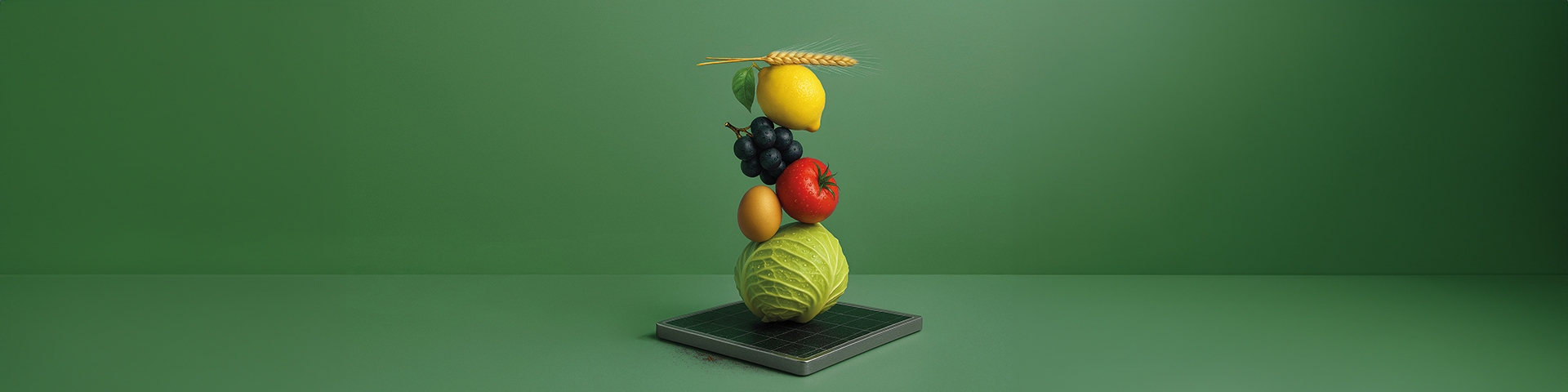 frutta e verdura in fila stile natura morta su sfondo verde | Crédit Agricole frutta e verdura in fila stile natura morta su sfondo verde | Crédit Agricole