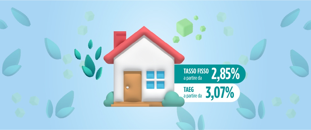 sfondo azzurro con elementi grafici foglie case e cubi: tasso fisso mutuo 2,85% e taeg 3,07% | Crédit Agricole sfondo azzurro con elementi grafici foglie case e cubi: tasso fisso mutuo 2,85% e taeg 3,07% | Crédit Agricole