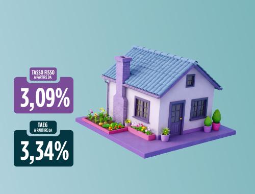 sfondo azzurro con elementi grafici foglie case e cubi: tasso fisso mutuo 3,09% e TAEG 3,34% | Crédit Agricole sfondo azzurro con elementi grafici foglie case e cubi: tasso fisso mutuo 3,09% e TAEG 3,34% | Crédit Agricole