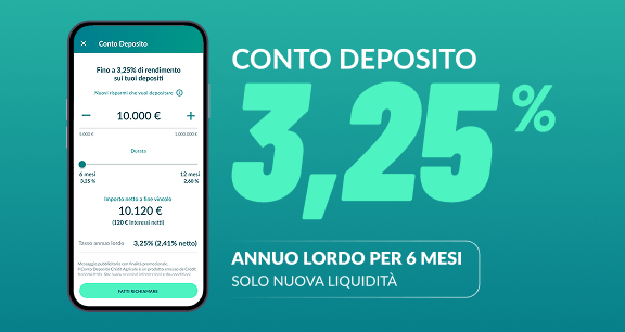 sfondo verde con scritta "conto deposito 3,75% annuo lordo per 6 mesi solo per nuova liquidità" | Crédit Agricole sfondo verde con scritta "conto deposito 3,75% annuo lordo per 6 mesi solo per nuova liquidità" | Crédit Agricole
