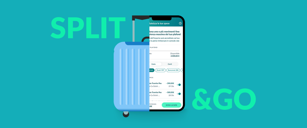 sfondo ottanio con immagine di valigia tagliata a metà con schermata cellulare app credit agricole per attivare servizio split&go | Crédit Agricole sfondo ottanio con immagine di valigia tagliata a metà con schermata cellulare app credit agricole per attivare servizio split&go | Crédit Agricole