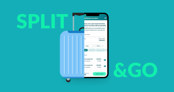 sfondo ottanio con immagine di valigia tagliata a metà con schermata cellulare app credit agricole per attivare servizio split&go | Crédit Agricole sfondo ottanio con immagine di valigia tagliata a metà con schermata cellulare app credit agricole per attivare servizio split&go | Crédit Agricole