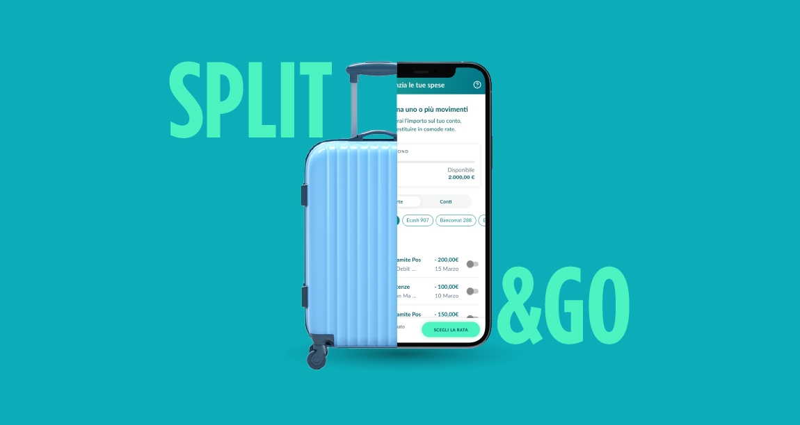 sfondo ottanio con immagine di valigia tagliata a metà con schermata cellulare app credit agricole per attivare servizio split&go | Crédit Agricole sfondo ottanio con immagine di valigia tagliata a metà con schermata cellulare app credit agricole per attivare servizio split&go | Crédit Agricole