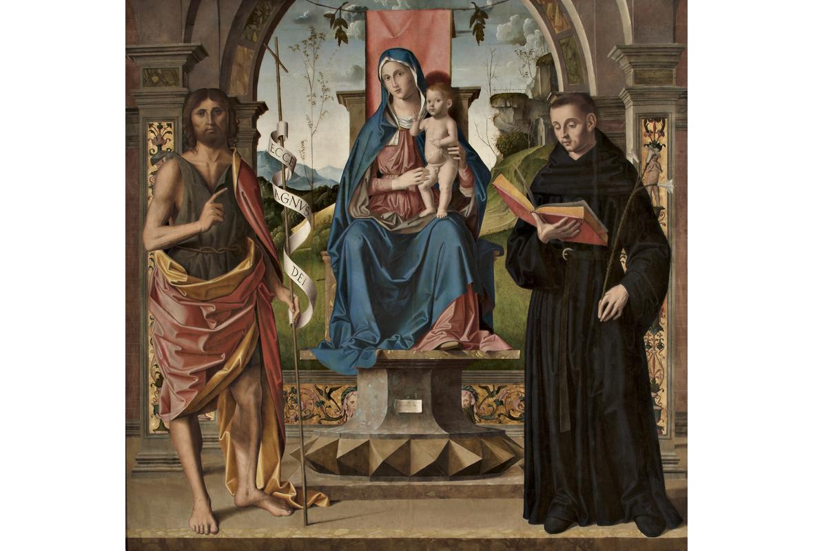 Madonna con Bambino benedicente in trono tra i Santi Giovanni Battista e Nicola da Tolentino | Crédit Agricole Madonna con Bambino benedicente in trono tra i Santi Giovanni Battista e Nicola da Tolentino | Crédit Agricole
