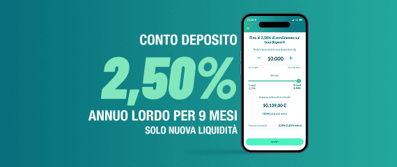 sfondo verde con scritta "conto deposito 2,50% annuo lordo per 9 mesi solo per nuova liquidità" | Crédit Agricole sfondo verde con scritta "conto deposito 2,50% annuo lordo per 9 mesi solo per nuova liquidità" | Crédit Agricole