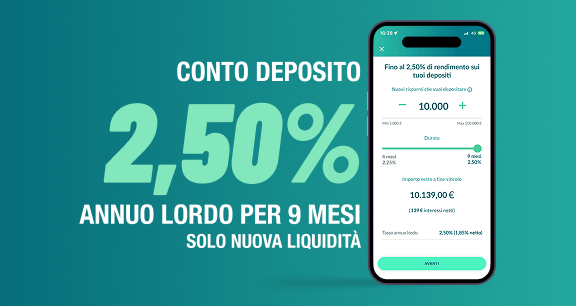 sfondo verde con scritta "conto deposito 2,50% annuo lordo per 9 mesi solo per nuova liquidità" | Crédit Agricole sfondo verde con scritta "conto deposito 2,50% annuo lordo per 9 mesi solo per nuova liquidità" | Crédit Agricole