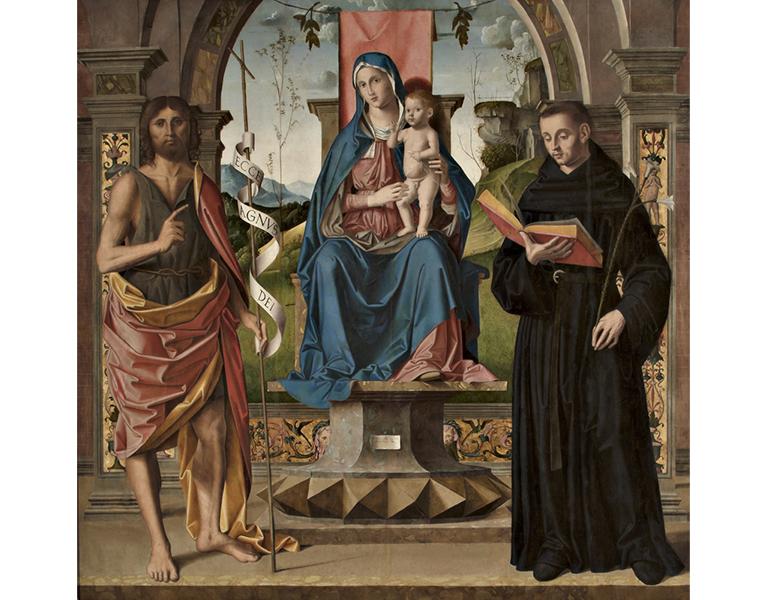 Madonna con Bambino benedicente in trono tra i Santi Giovanni Battista e Nicola da Tolentino | Crédit Agricole Madonna con Bambino benedicente in trono tra i Santi Giovanni Battista e Nicola da Tolentino | Crédit Agricole