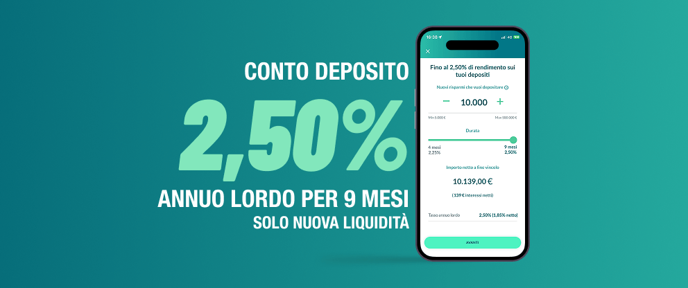 sfondo verde con scritta "conto deposito 2,50% annuo lordo per 9 mesi solo per nuova liquidità" | Crédit Agricole sfondo verde con scritta "conto deposito 2,50% annuo lordo per 9 mesi solo per nuova liquidità" | Crédit Agricole