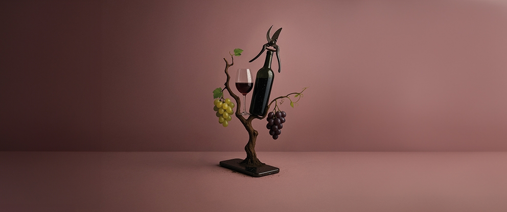 bottiglia e bicchieri di vino con grappolo di uva | Crédit Agricole bottiglia e bicchieri di vino con grappolo di uva | Crédit Agricole