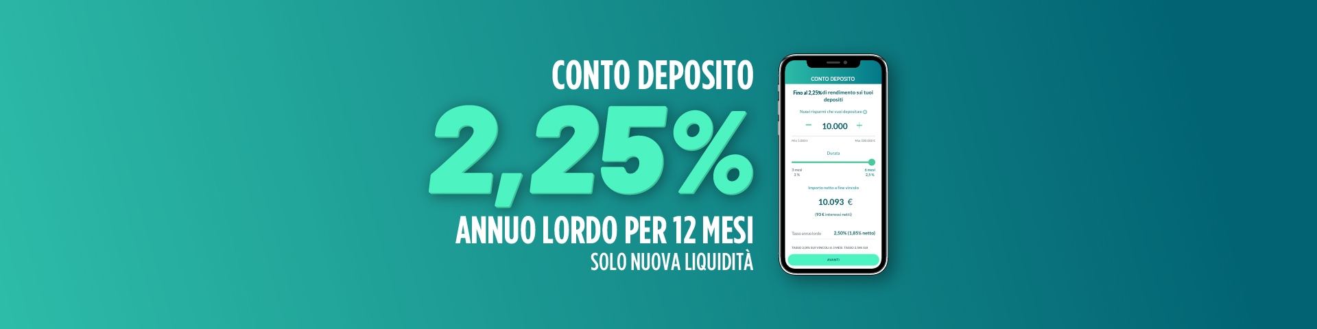 sfondo verde con scritta "conto deposito 2,25% annuo lordo per 12 mesi solo per nuova liquidità" | Crédit Agricole sfondo verde con scritta "conto deposito 2,25% annuo lordo per 12 mesi solo per nuova liquidità" | Crédit Agricole