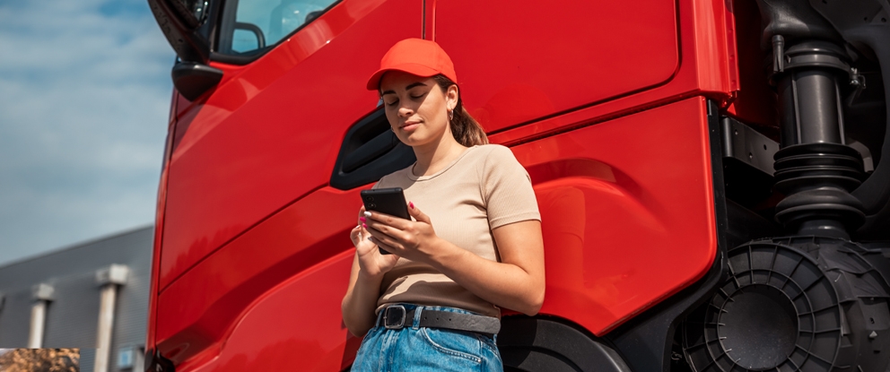 Rgazza che guarda il telefono appoggiata a un camion | Crédit Agricole Rgazza che guarda il telefono appoggiata a un camion | Crédit Agricole