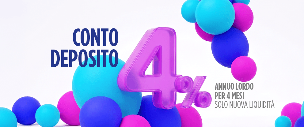 Promozione Conto Deposito con tasso annuo lordo del 4% per 4 mesi sulla nuova liquidità, rappresentata da un grande "4%" viola circondato da sfere blu e fucsia. | Crédit Agricole Promozione Conto Deposito con tasso annuo lordo del 4% per 4 mesi sulla nuova liquidità, rappresentata da un grande "4%" viola circondato da sfere blu e fucsia. | Crédit Agricole