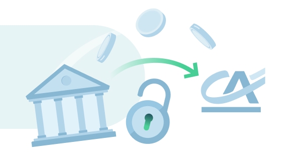 Illustrazione stilizzata di una banca con un lucchetto aperto, monete in movimento e una freccia verde diretta verso il logo Crédit Agricole, che rappresenta il trasferimento semplificato del conto | Crédit Agricole Illustrazione stilizzata di una banca con un lucchetto aperto, monete in movimento e una freccia verde diretta verso il logo Crédit Agricole, che rappresenta il trasferimento semplificato del conto | Crédit Agricole