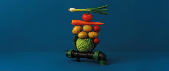 frutta e verdura in fila stile natura morta su sfondo blu | Crédit Agricole frutta e verdura in fila stile natura morta su sfondo blu | Crédit Agricole