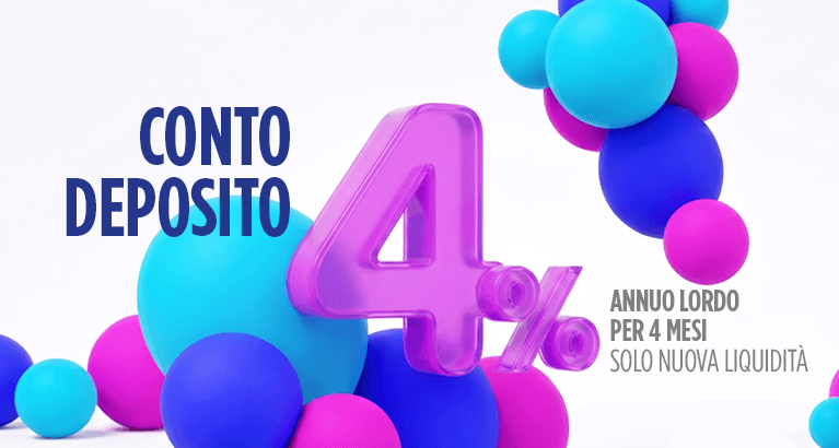 Promozione Conto Deposito con tasso annuo lordo del 4% per 4 mesi sulla nuova liquidità, rappresentata da un grande "4%" viola circondato da sfere blu e fucsia. | Crédit Agricole Promozione Conto Deposito con tasso annuo lordo del 4% per 4 mesi sulla nuova liquidità, rappresentata da un grande "4%" viola circondato da sfere blu e fucsia. | Crédit Agricole