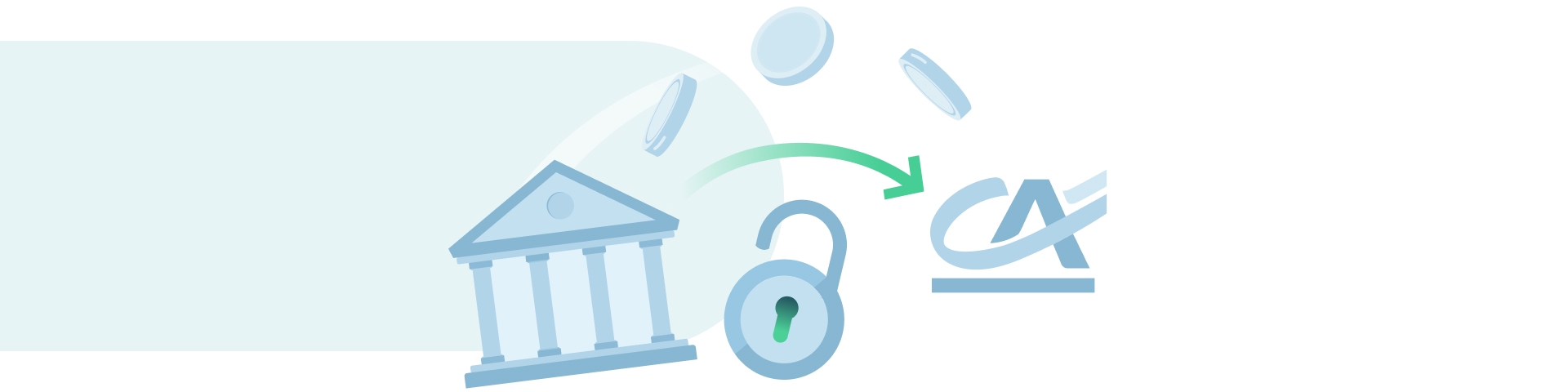 Illustrazione stilizzata di una banca con un lucchetto aperto, monete in movimento e una freccia verde diretta verso il logo Crédit Agricole, che rappresenta il trasferimento semplificato del conto | Crédit Agricole Illustrazione stilizzata di una banca con un lucchetto aperto, monete in movimento e una freccia verde diretta verso il logo Crédit Agricole, che rappresenta il trasferimento semplificato del conto | Crédit Agricole