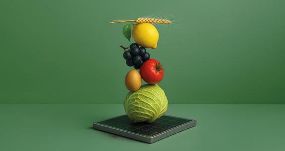 frutta e verdura in fila stile natura morta su sfondo verde | Crédit Agricole frutta e verdura in fila stile natura morta su sfondo verde | Crédit Agricole