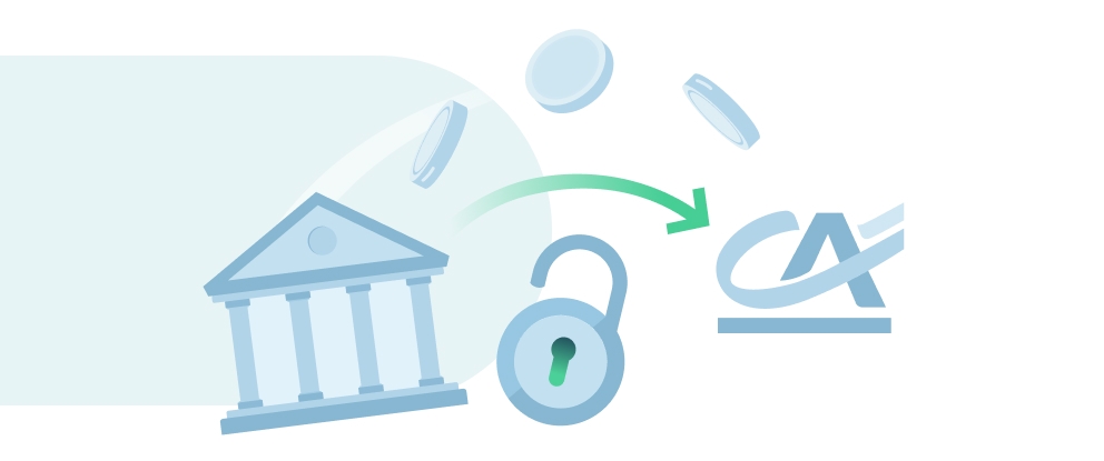 Illustrazione stilizzata di una banca con un lucchetto aperto, monete in movimento e una freccia verde diretta verso il logo Crédit Agricole, che rappresenta il trasferimento semplificato del conto | Crédit Agricole Illustrazione stilizzata di una banca con un lucchetto aperto, monete in movimento e una freccia verde diretta verso il logo Crédit Agricole, che rappresenta il trasferimento semplificato del conto | Crédit Agricole