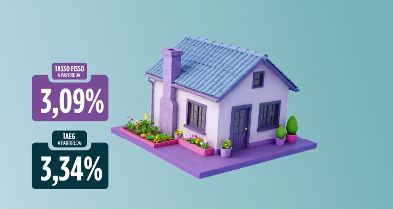 sfondo azzurro con elementi grafici foglie case e cubi: tasso fisso mutuo 3,09% e TAEG 3,34% | Crédit Agricole sfondo azzurro con elementi grafici foglie case e cubi: tasso fisso mutuo 3,09% e TAEG 3,34% | Crédit Agricole