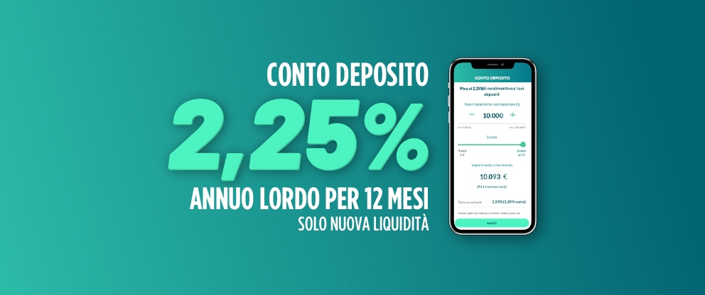 sfondo verde con scritta "conto deposito 2,25% annuo lordo per 12 mesi solo per nuova liquidità" | Crédit Agricole sfondo verde con scritta "conto deposito 2,25% annuo lordo per 12 mesi solo per nuova liquidità" | Crédit Agricole