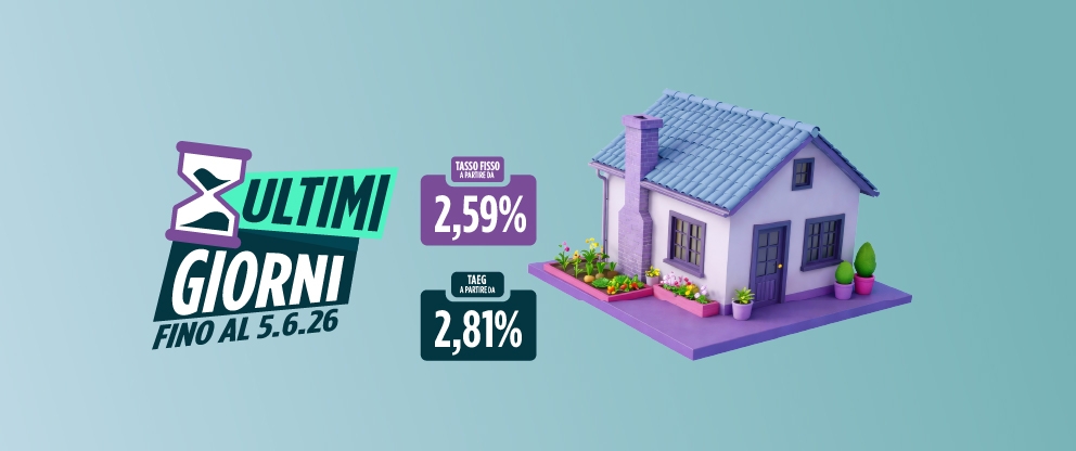 sfondo azzurro con elementi grafici foglie case e cubi: tasso fisso mutuo 2,59% e TAEG 2,81% | Crédit Agricole sfondo azzurro con elementi grafici foglie case e cubi: tasso fisso mutuo 2,59% e TAEG 2,81% | Crédit Agricole