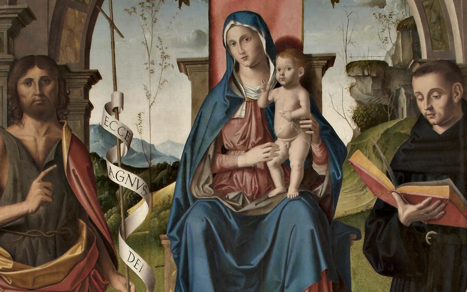 Madonna con Bambino benedicente in trono tra i Santi Giovanni Battista e Nicola da Tolentino | Crédit Agricole Madonna con Bambino benedicente in trono tra i Santi Giovanni Battista e Nicola da Tolentino | Crédit Agricole
