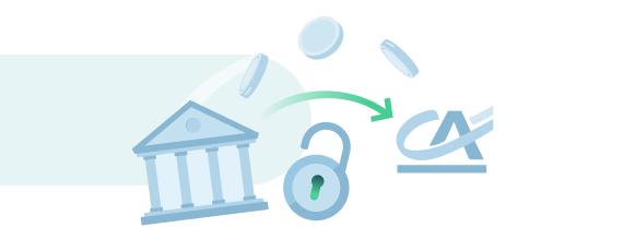 Illustrazione stilizzata di una banca con un lucchetto aperto, monete in movimento e una freccia verde diretta verso il logo Crédit Agricole, che rappresenta il trasferimento semplificato del conto | Crédit Agricole Illustrazione stilizzata di una banca con un lucchetto aperto, monete in movimento e una freccia verde diretta verso il logo Crédit Agricole, che rappresenta il trasferimento semplificato del conto | Crédit Agricole