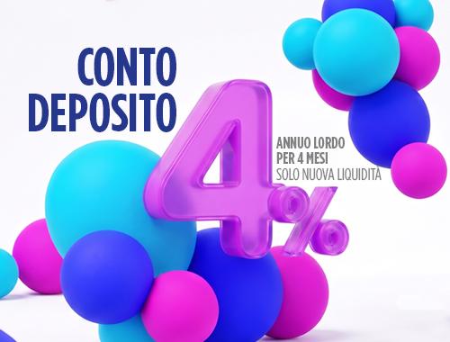 Promozione Conto Deposito con tasso annuo lordo del 4% per 4 mesi sulla nuova liquidità, rappresentata da un grande "4%" viola circondato da sfere blu e fucsia. | Crédit Agricole Promozione Conto Deposito con tasso annuo lordo del 4% per 4 mesi sulla nuova liquidità, rappresentata da un grande "4%" viola circondato da sfere blu e fucsia. | Crédit Agricole