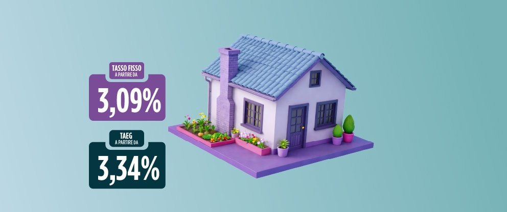 sfondo azzurro con elementi grafici foglie case e cubi: tasso fisso mutuo 3,09% e TAEG 3,34% | Crédit Agricole sfondo azzurro con elementi grafici foglie case e cubi: tasso fisso mutuo 3,09% e TAEG 3,34% | Crédit Agricole